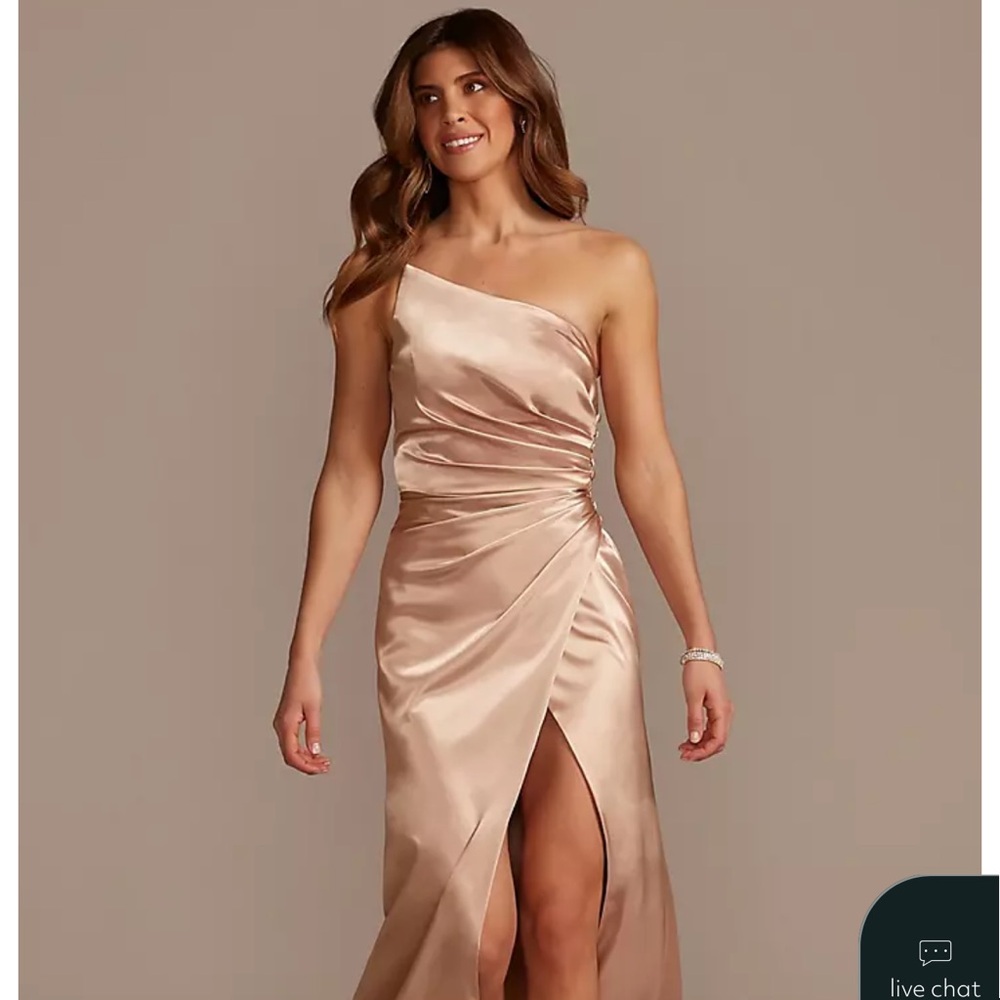 David's Bridal One-Shoulder Satin Dress in Champagne